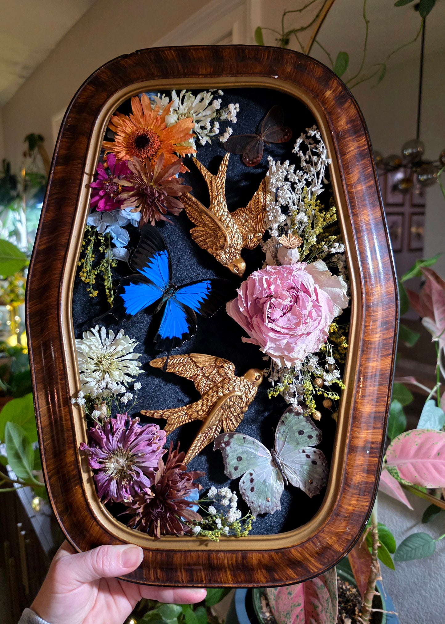 Vintage Frame with Brass Sparrows and Butterflies