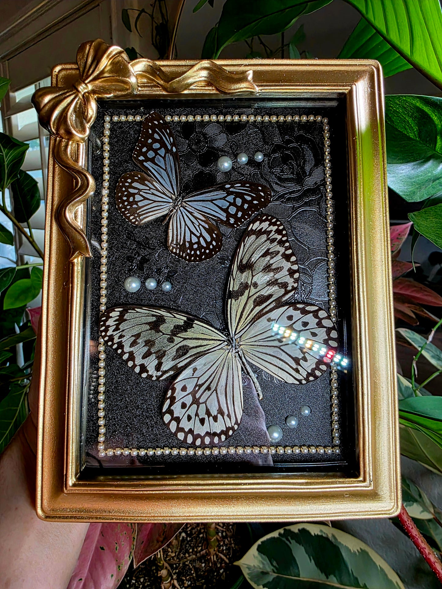 Gold Bow Shadowbox Frame with Butterflies and Pearls