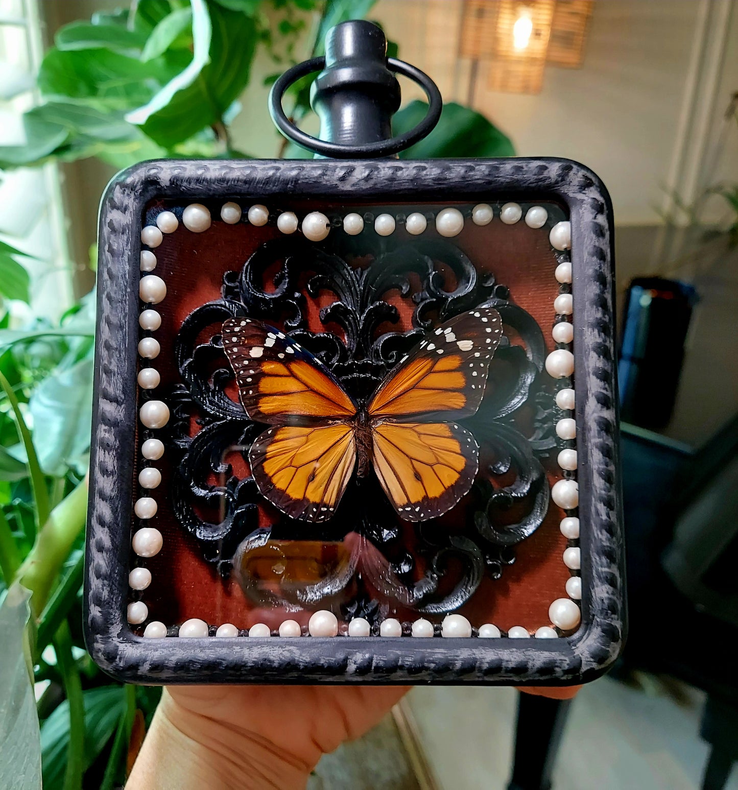 Vintage Inspired Frame with Monarch Butterfly and Pearl Adornments