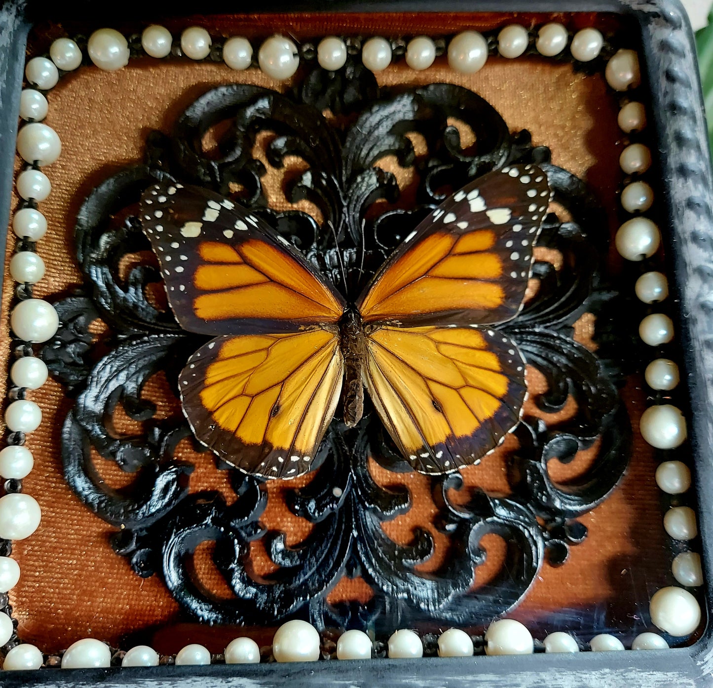 Vintage Inspired Frame with Monarch Butterfly and Pearl Adornments