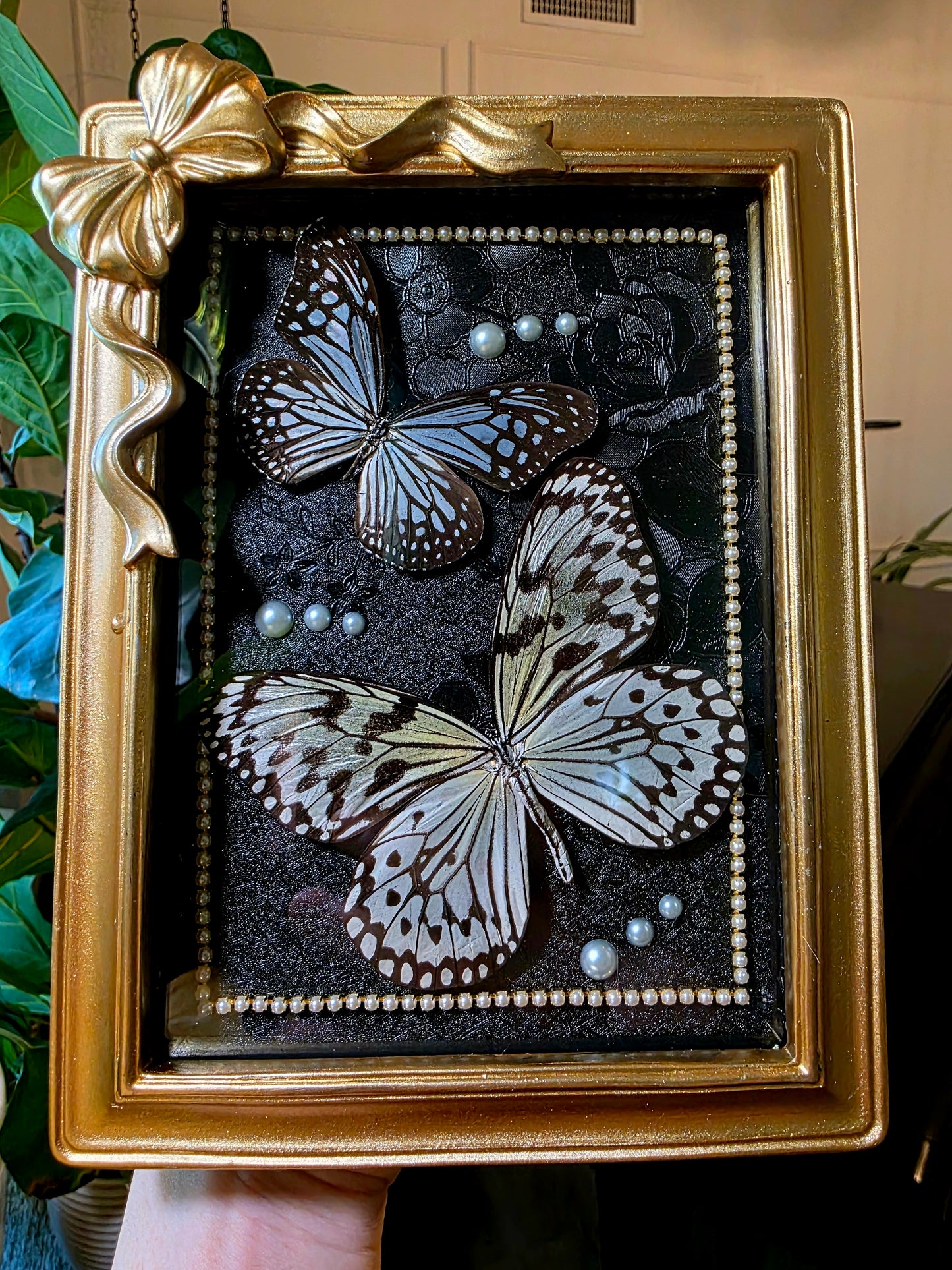 Gold Bow Shadowbox Frame with Butterflies and Pearls