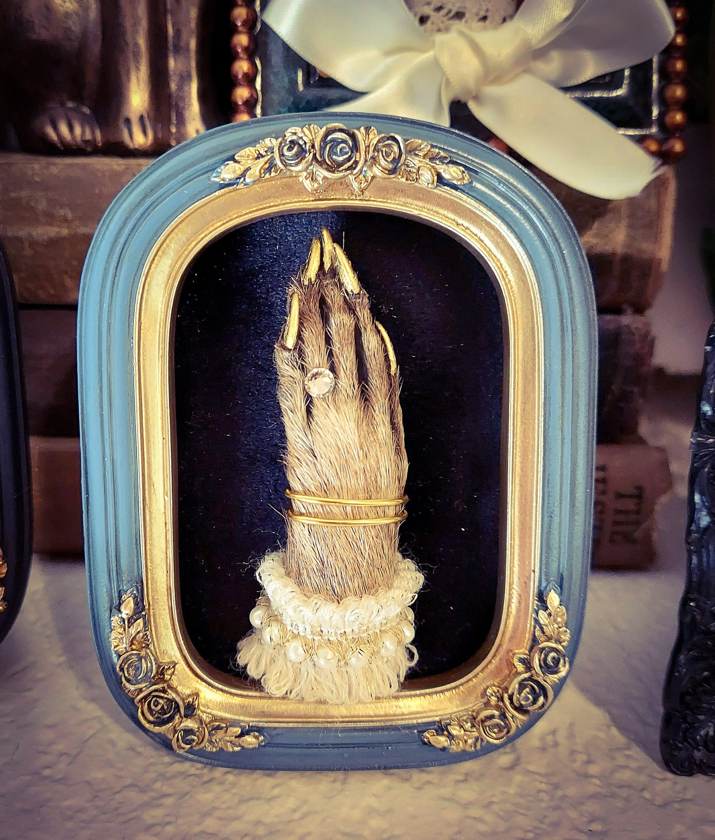 Framed Fancy Raccoon Foot - Blue Frame with Diamond and Pearls