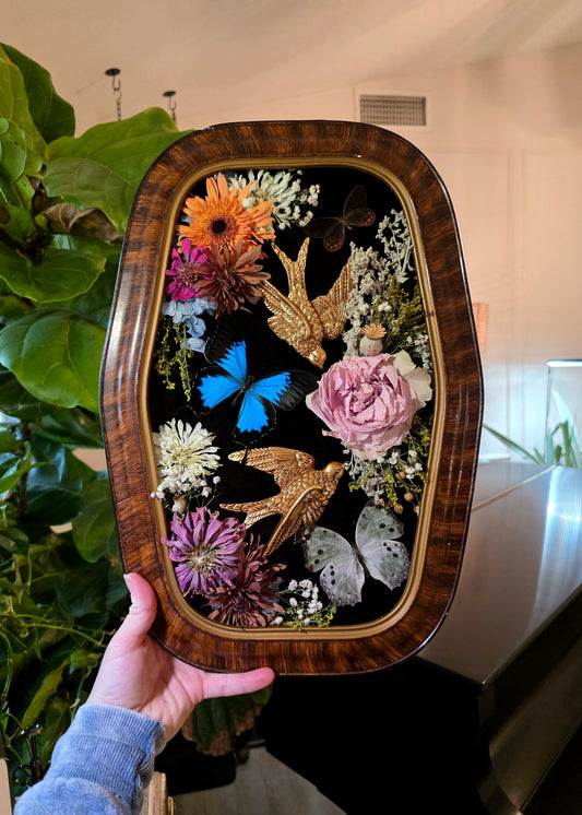 Vintage Frame with Brass Sparrows and Butterflies