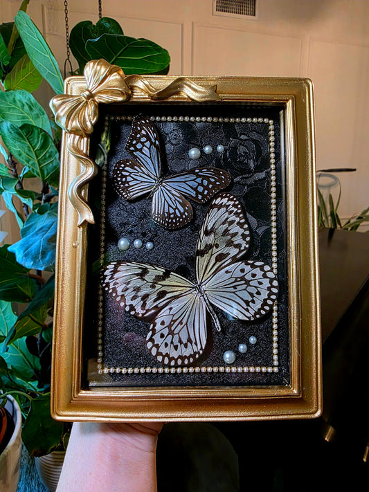 Gold Bow Shadowbox Frame with Butterflies and Pearls