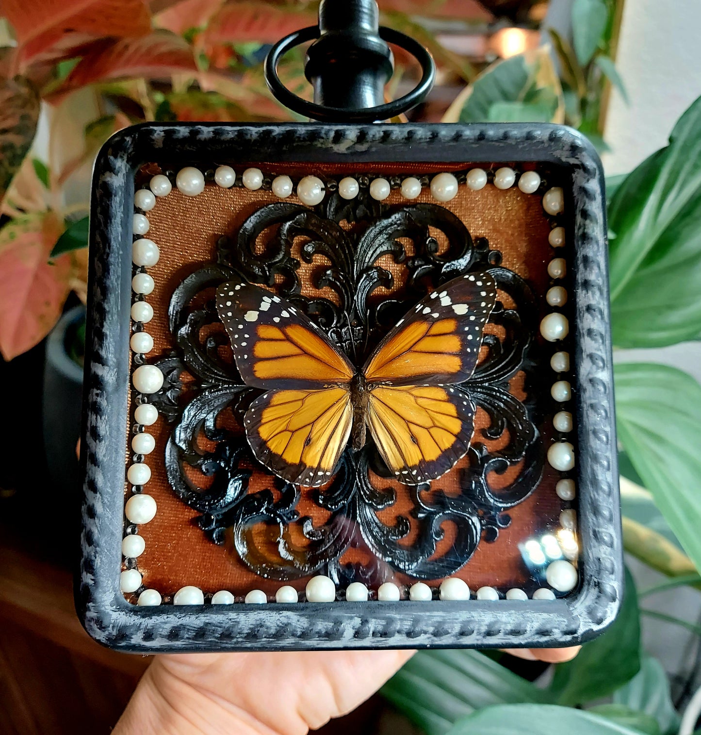 Vintage Inspired Frame with Monarch Butterfly and Pearl Adornments